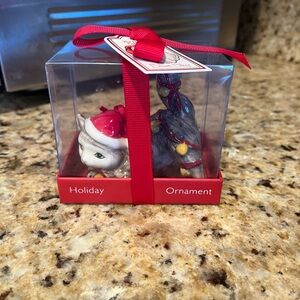 Blue Sky Cat Christmas Ornament with Santa Hat and Tree Lights